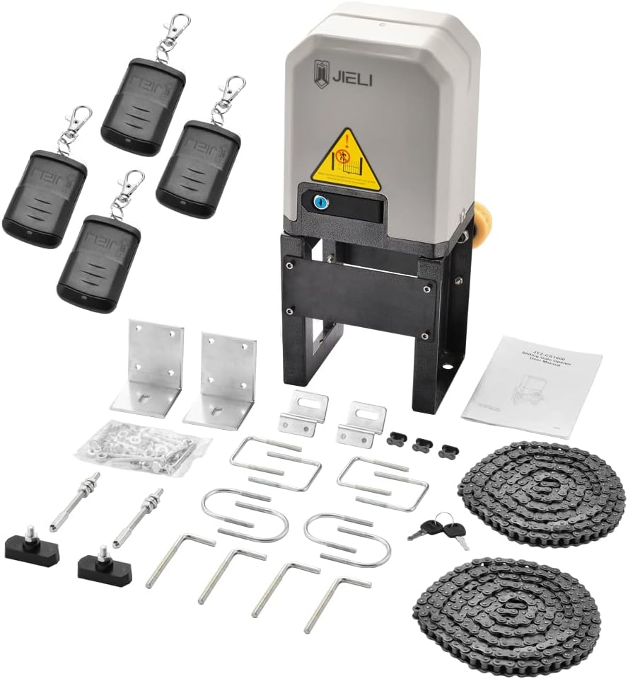 Jieli JY7 automatic sliding gate opener with 4 remote controls for driveway gates up to 1400 lb